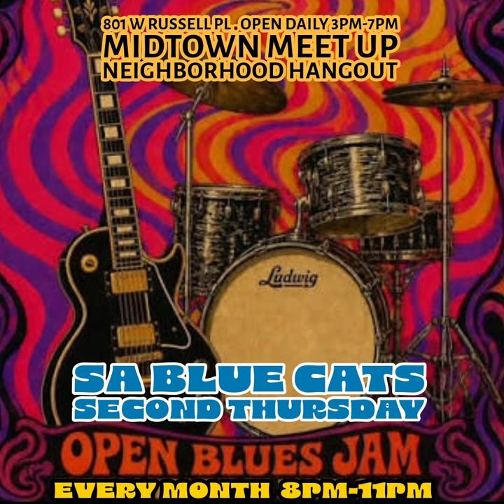 Join us tonight for the monthly blues jam led by the San Antonio Blue Cats all levels welcomed to join!