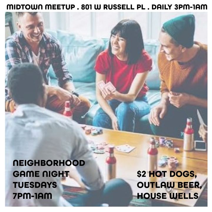 Looking for a fun way to wind down while still having fun, come down to Midtown Meetup for our weekly game night every Tuesday at 7pm! $2 Hot Dogs, Outlaw beer